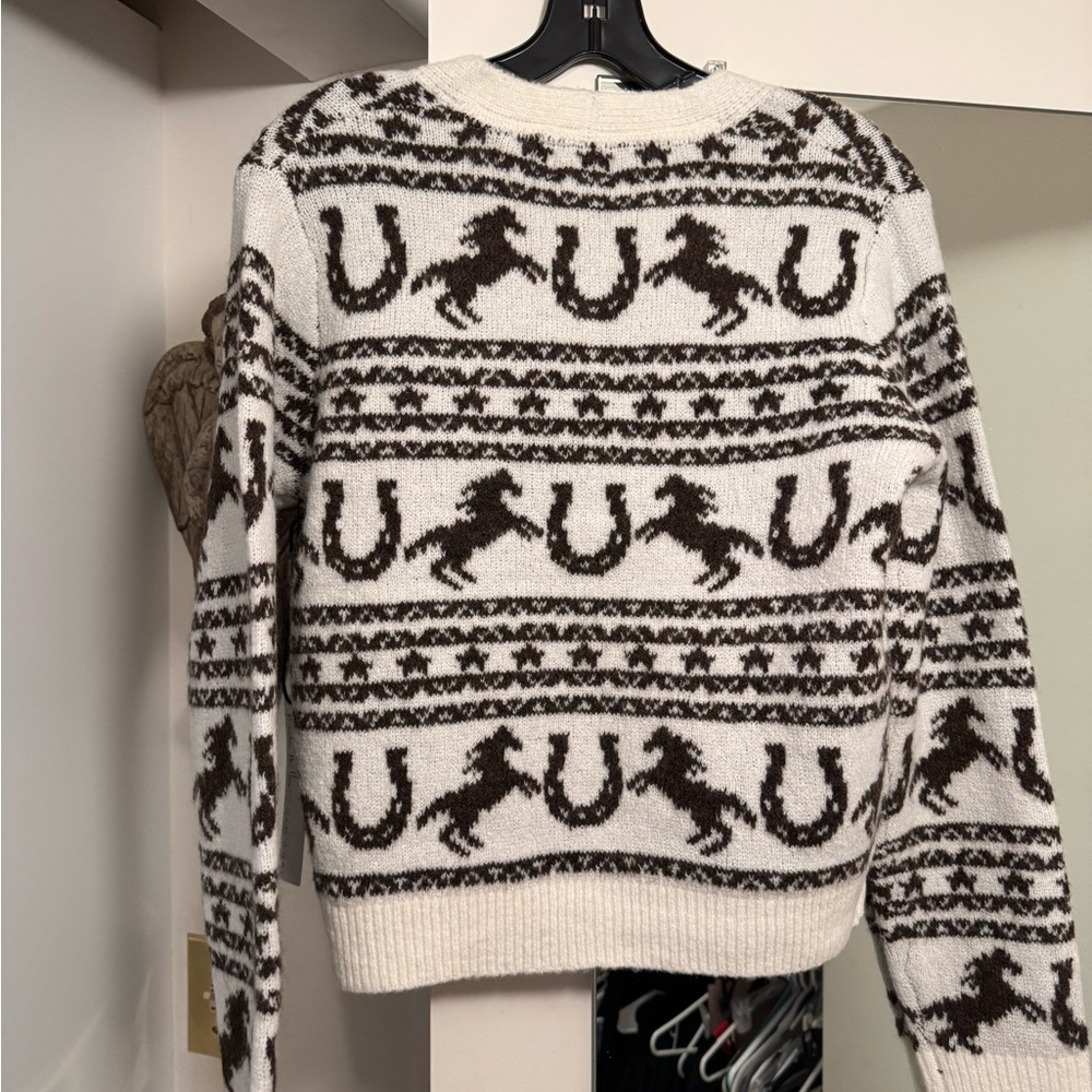 Nicole Miller Cream and Brown Horse Pattern Cardigan - Picture 2 of 3